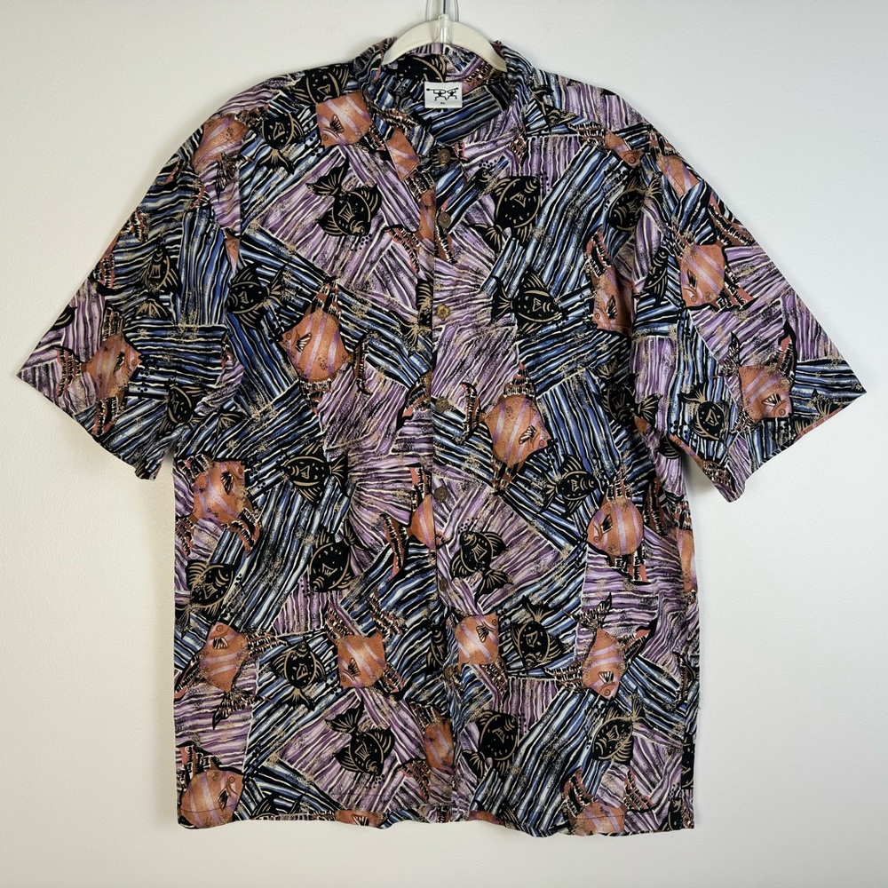 Vintage 90s Abstract Tribal Print Button Up Shirt XL Retro Art Festival Hawaiian